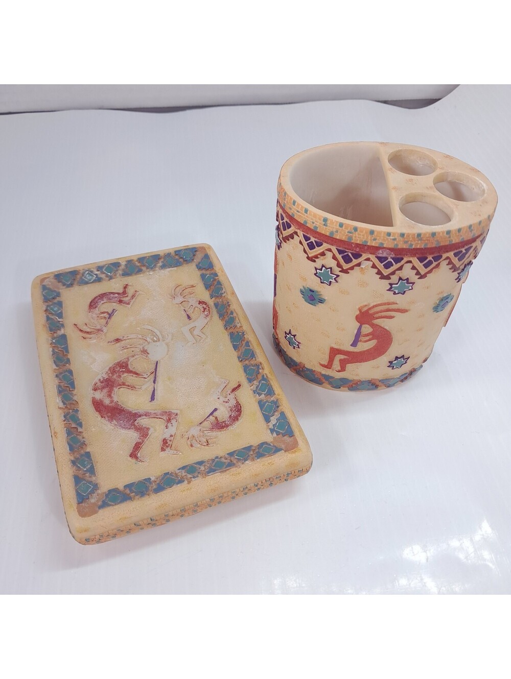 Kokopelli bathroom soap bar dish toothbrush holder tumbler southwestern dancing